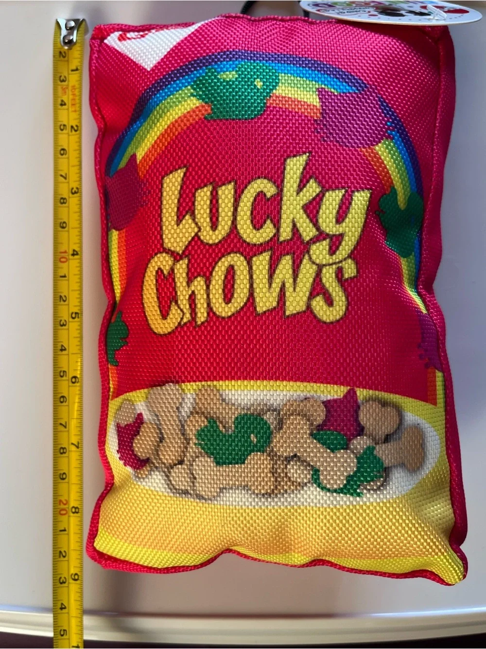“Lucky Chows” Cereal (play on Lucky Charms) Plush Dog Toy w Squeaker